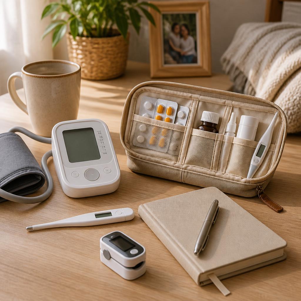 Home healthcare essentials arranged on a table