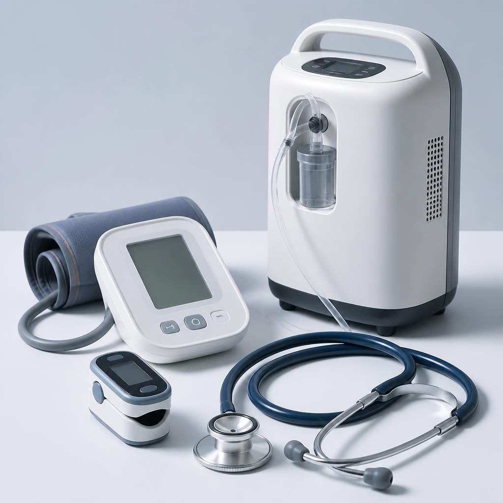 Modern medical equipment including a blood pressure monitor and pulse oximeter